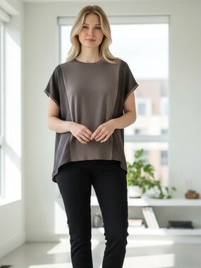 Theory Luxe Mixed Media Knit Top Size 38 Taupe Brown Hi-Low Cap Sleeve Blouse